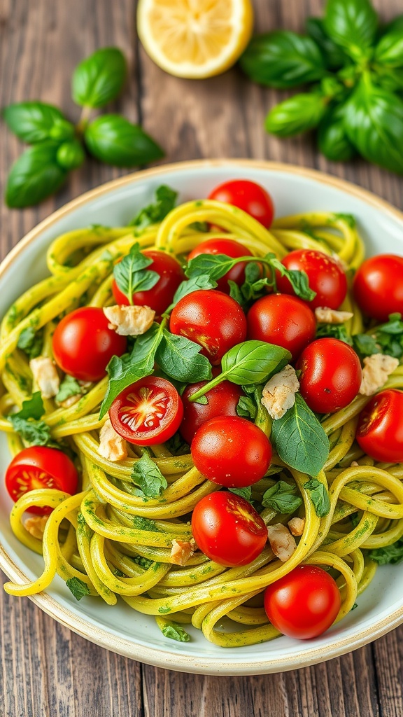 A colorful serving of vegan pesto pasta with cherry tomatoes and arugula on a rustic table.